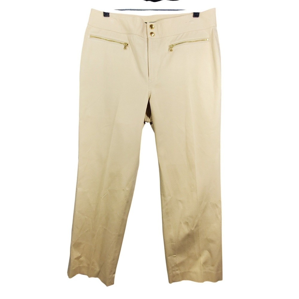 Lauren Ralph Lauren Tan Beige Stretch Twill Pants Gold Zip Pockets Size 10